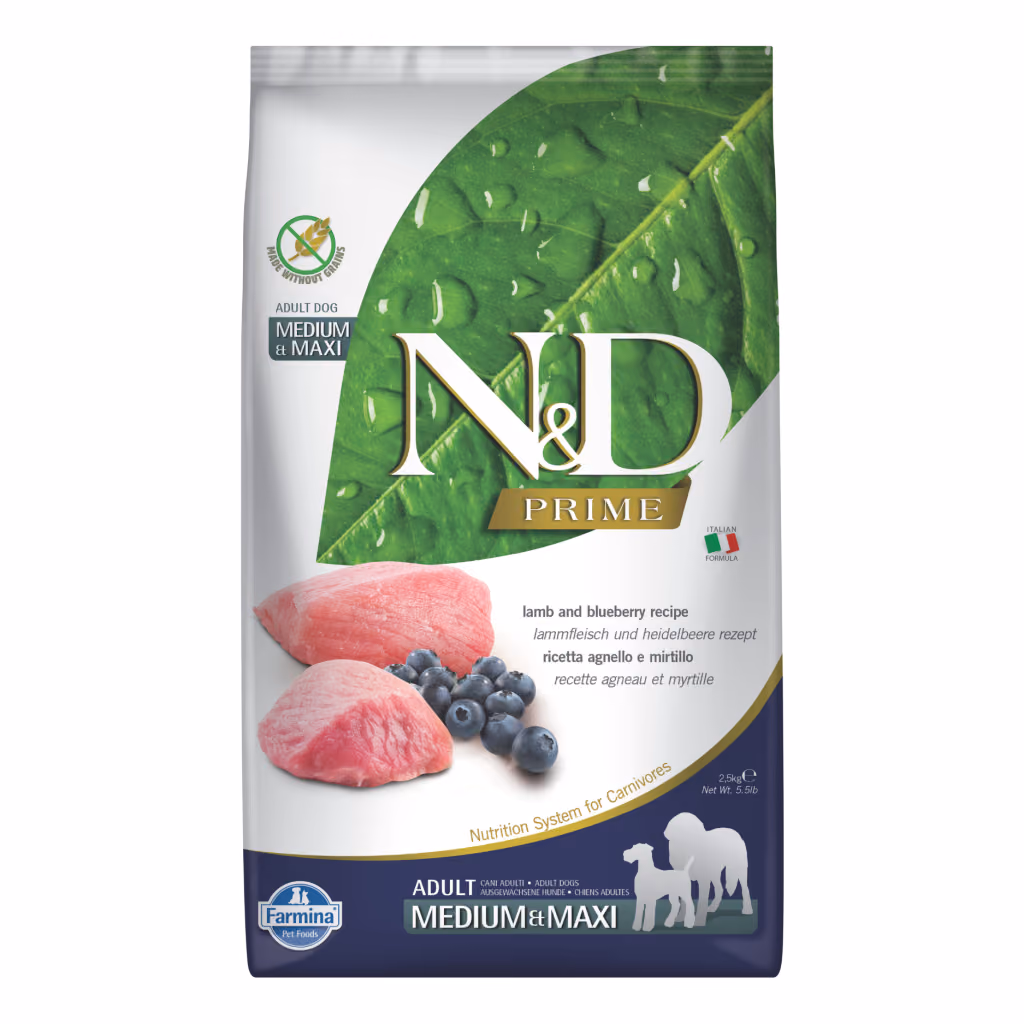 N&D Prime Medium&Maxi Kuzu Etli ve Yaban Mersinli Orta ve Büyük Irk Tahılsız Yetişkin Köpek Maması